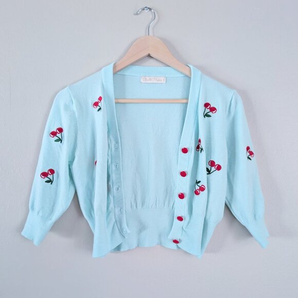 Red Blue Embroidered Cherry Pattern Cropped Cardigan Twee Coquette Dollette Sz M - Picture 4 of 8